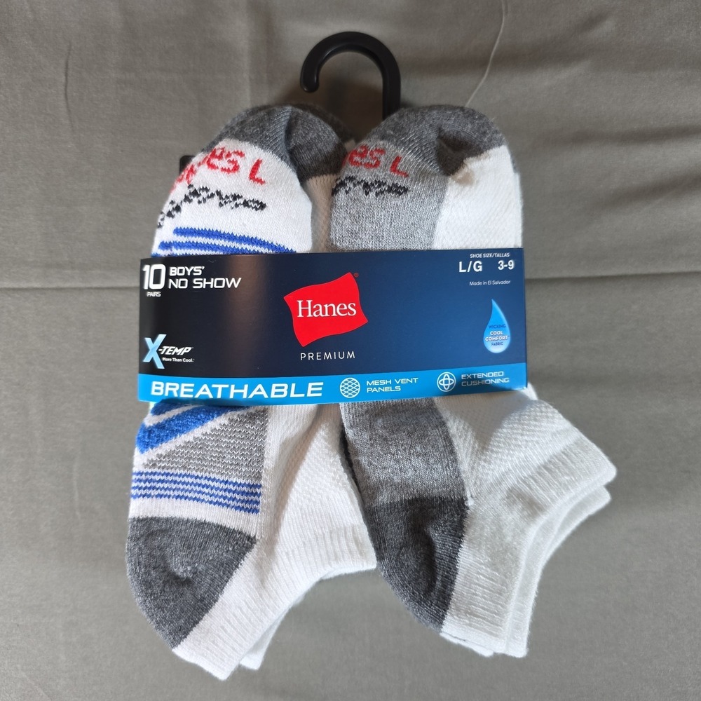 10pk Hanes BOYS No Show Socks Premium Breathable X-Temp Size L 3-9